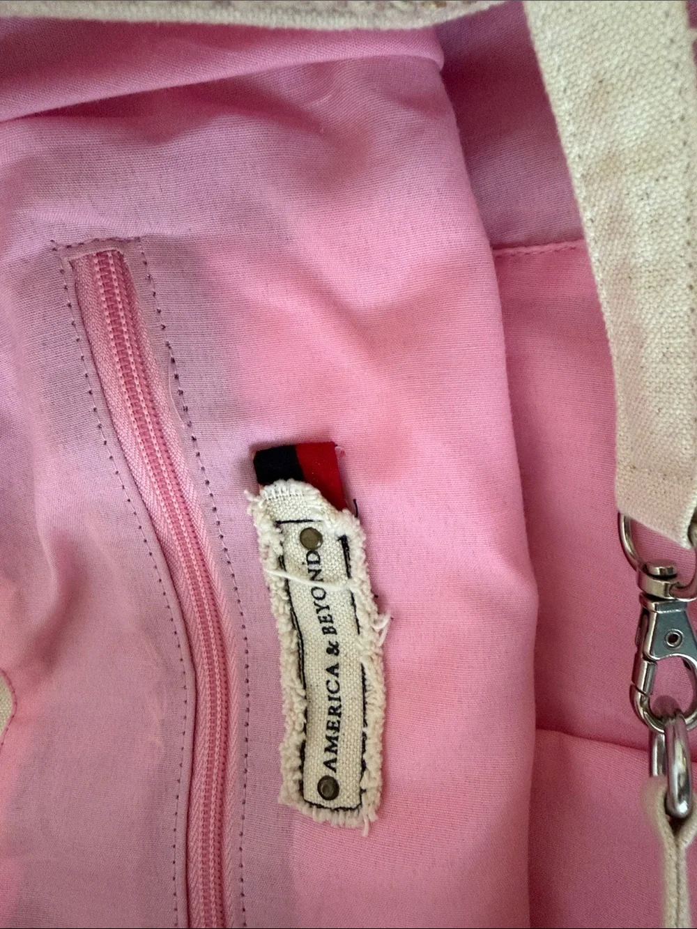 America & Beyond Hand-Embroidered Pink & Green Canvas Tote Bag